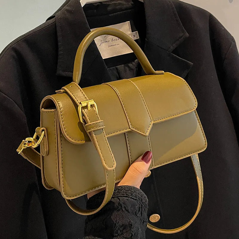 Beige PU leather women's messenger bag showing file compartment and sandwich pocket.