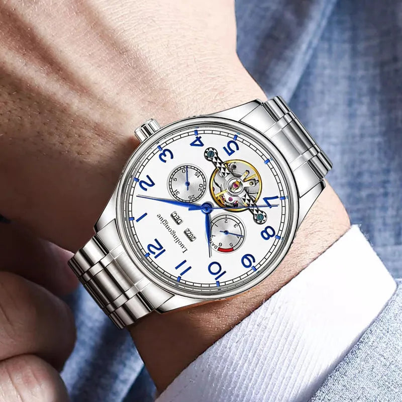 Men's stainless steel mechanical business watch with sapphire crystal and leather strap
