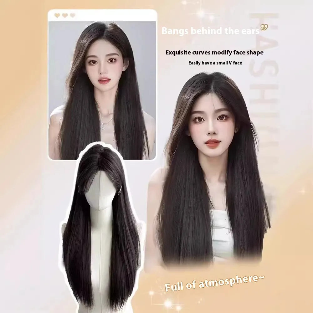 Forehead lace long straight full-head wig in dark brown with side bangs styling