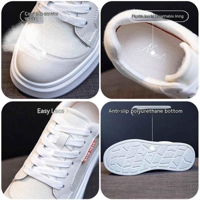 Women's beige and pink cowhide leather board shoes with a thick sole for height increase.
