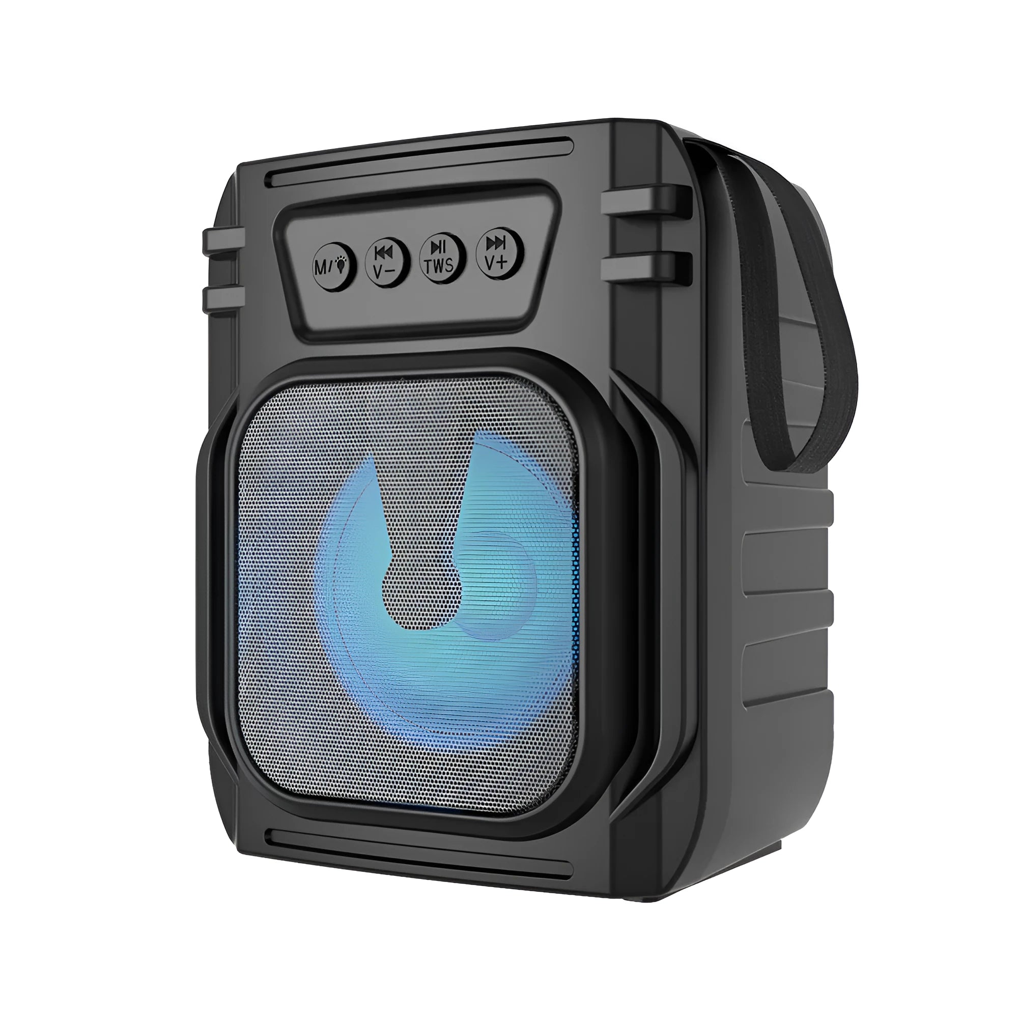 Small portable Bluetooth speaker in colour 3107 with USB charging cable on a desk