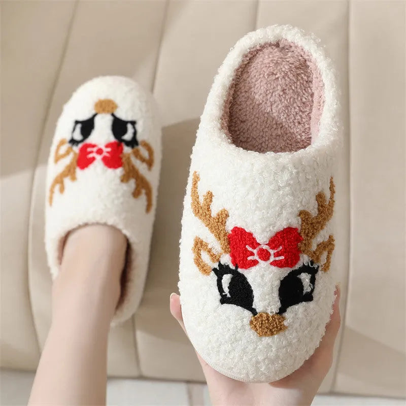 Christmas deer slippers women's home indoor non-slip warm plush TPR sole fox style