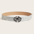 Retro women's belt with oval alloy buckle on thick grey white PU leather strap