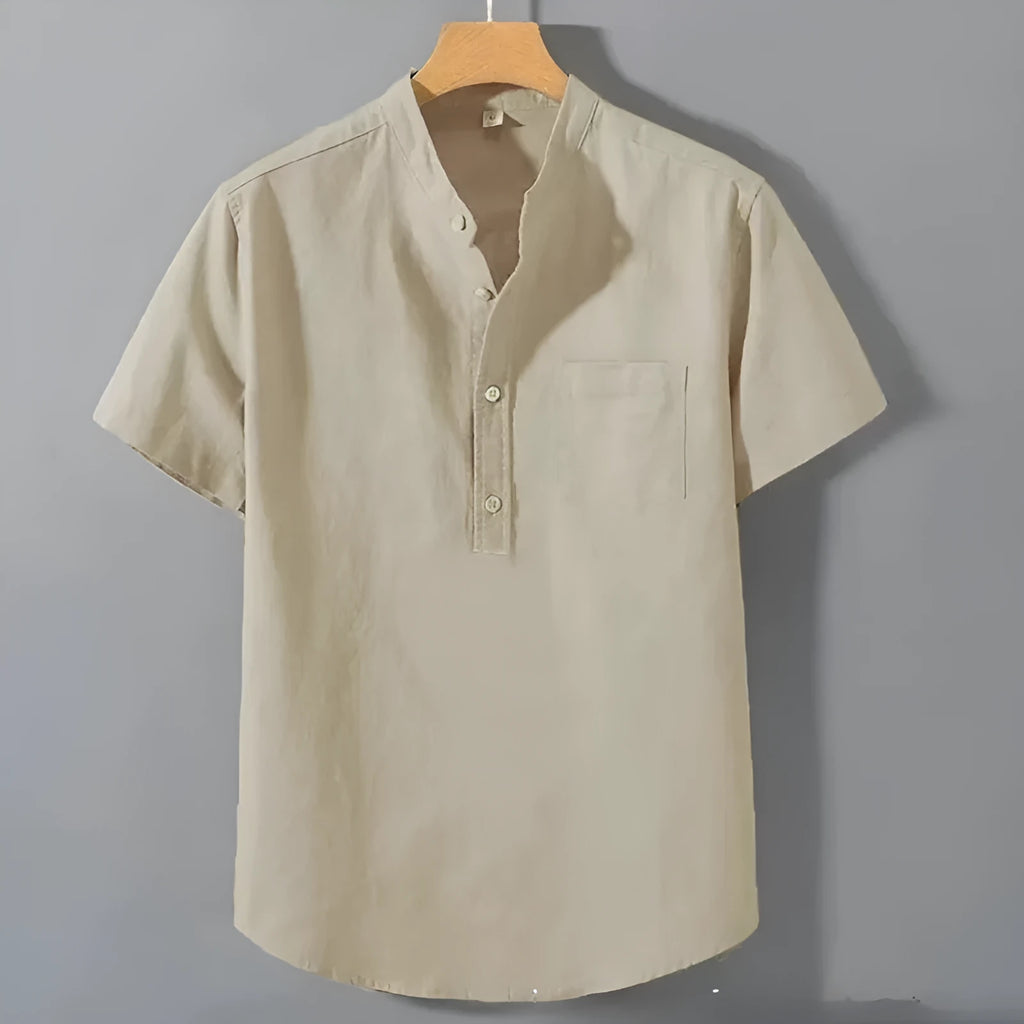Men's beige slub linen casual shirt with stand collar and short sleeves, loose fit.