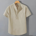 Men's beige slub linen casual shirt with stand collar and short sleeves, loose fit.