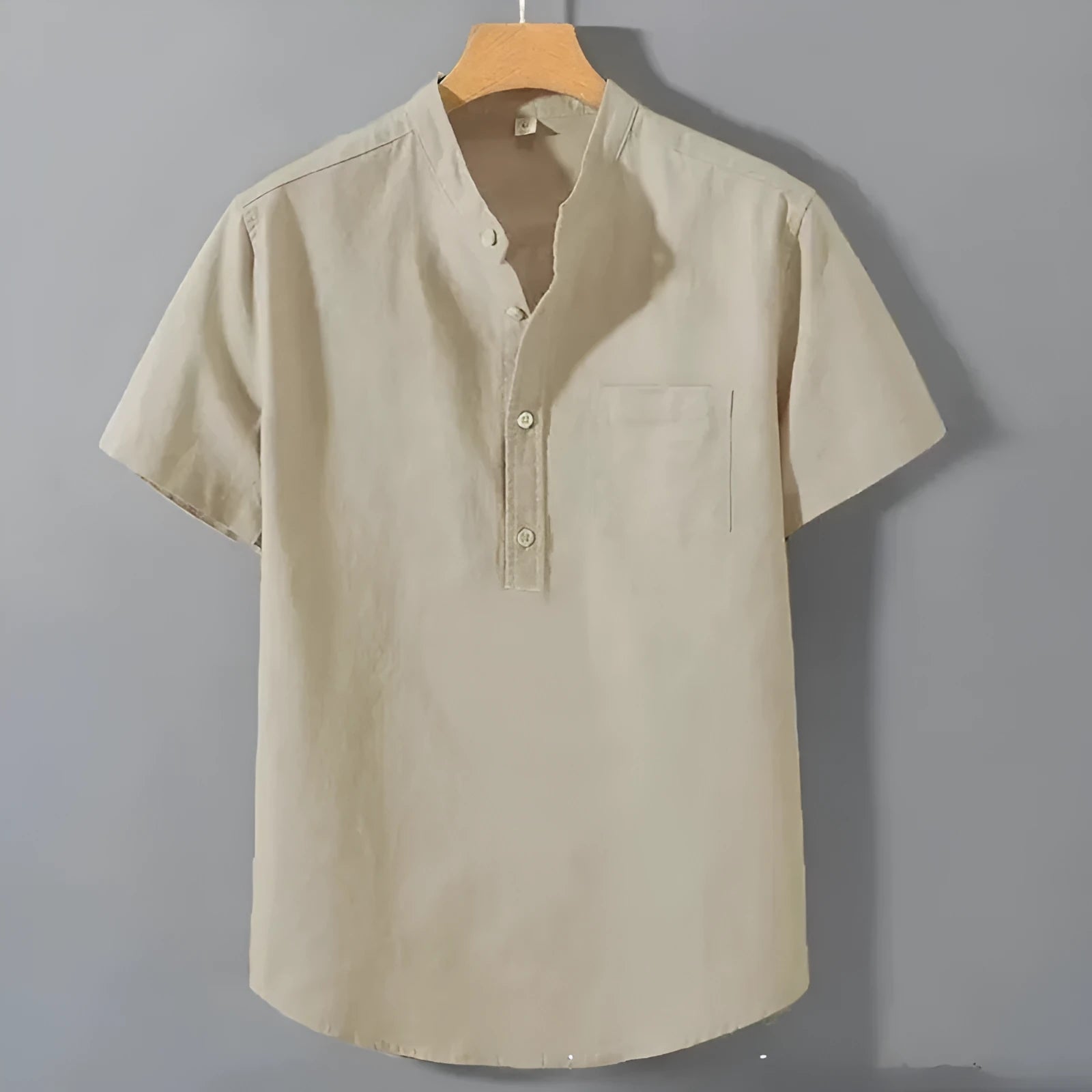 Men's beige slub linen casual shirt with stand collar and short sleeves, loose fit.