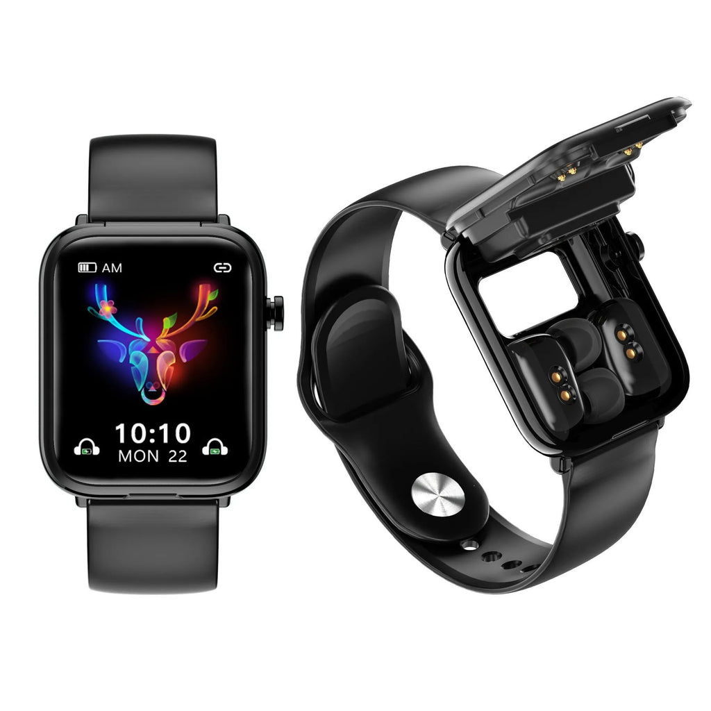 Black smart Bluetooth headset watch with full touch screen showing heart rate monitoring display