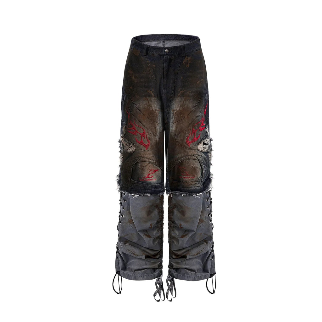 Men's retro-style denim jeans with detachable legs in a wide-leg, loose fit.