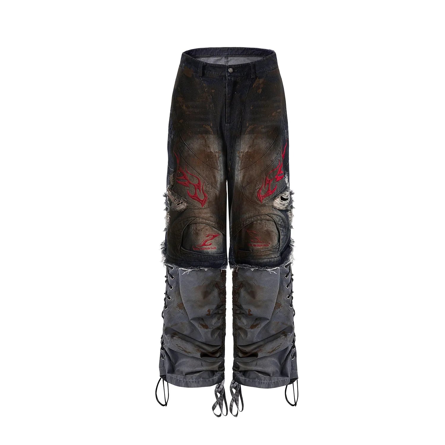 Men's retro-style denim jeans with detachable legs in a wide-leg, loose fit.