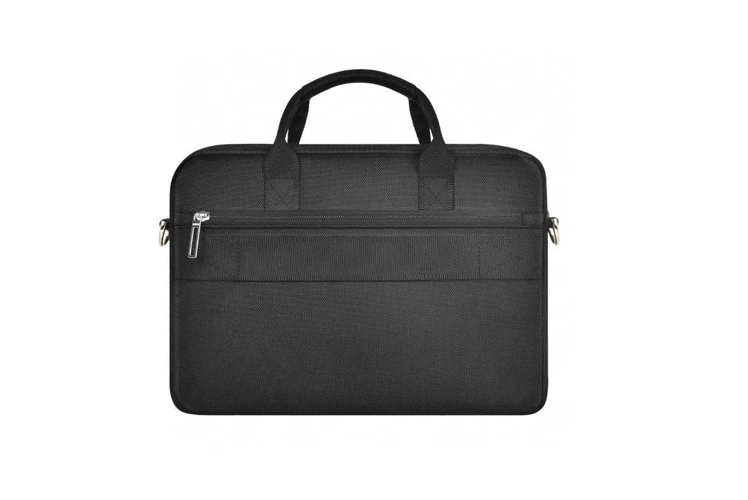 Black Oxford cloth laptop backpack showing multiple compartments and lock feature.