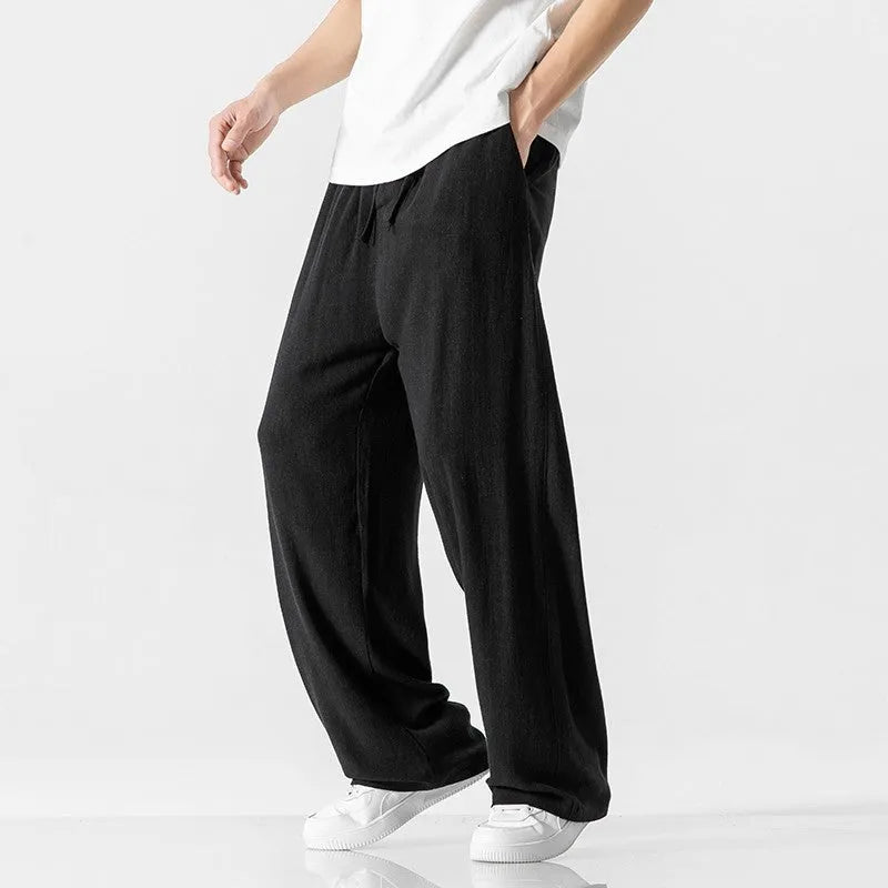 Men's bamboo linen straight-leg trousers in cropped length with drawstring waist