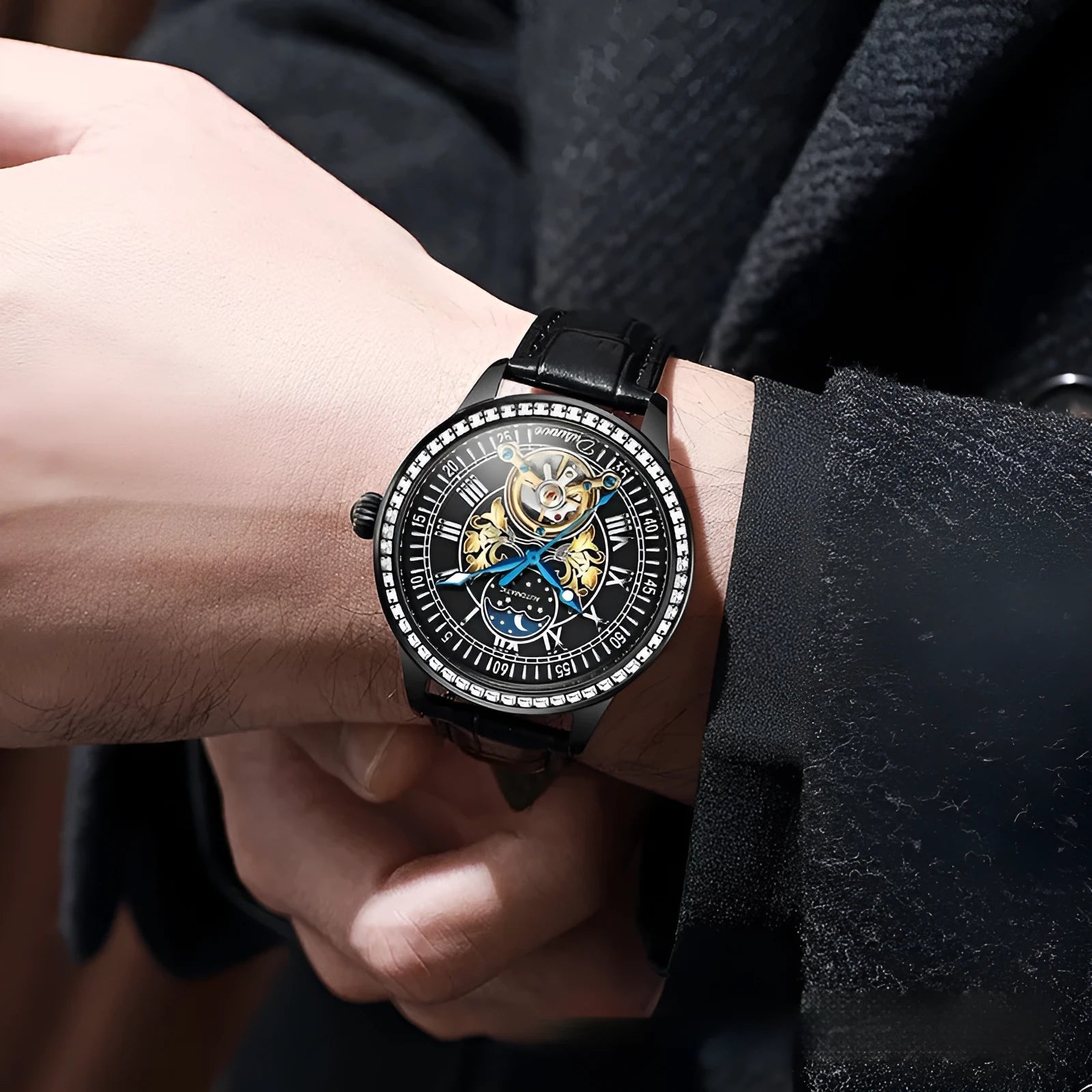 Men's mechanical watch with transparent case back showing movement, stainless steel strap with butterfly buckle