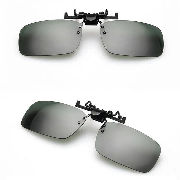 Clip-on driving sunglasses with polycarbonate lenses in grey, dark green, and night vision amber tints