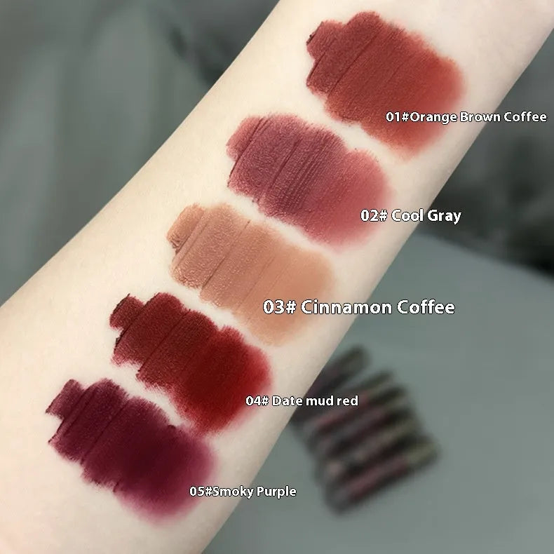Lava Secret Matte Lip Mud Lipstick in shades Orange Brown Coffee, Cool Gray, Cinnamon Coffee, Jujube Red, and Smoked Purple