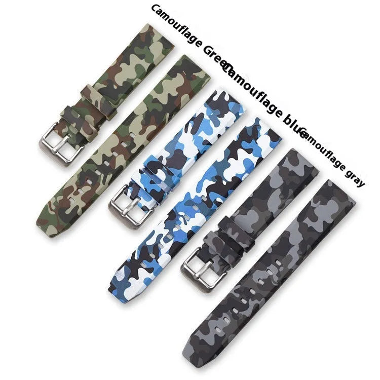 Camouflage pattern silicone watch strap in blue, gray, or green, showing flat head design