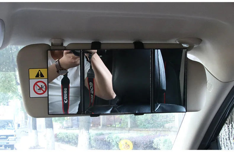 Silver folding car visor makeup mirror shown both open and closed.