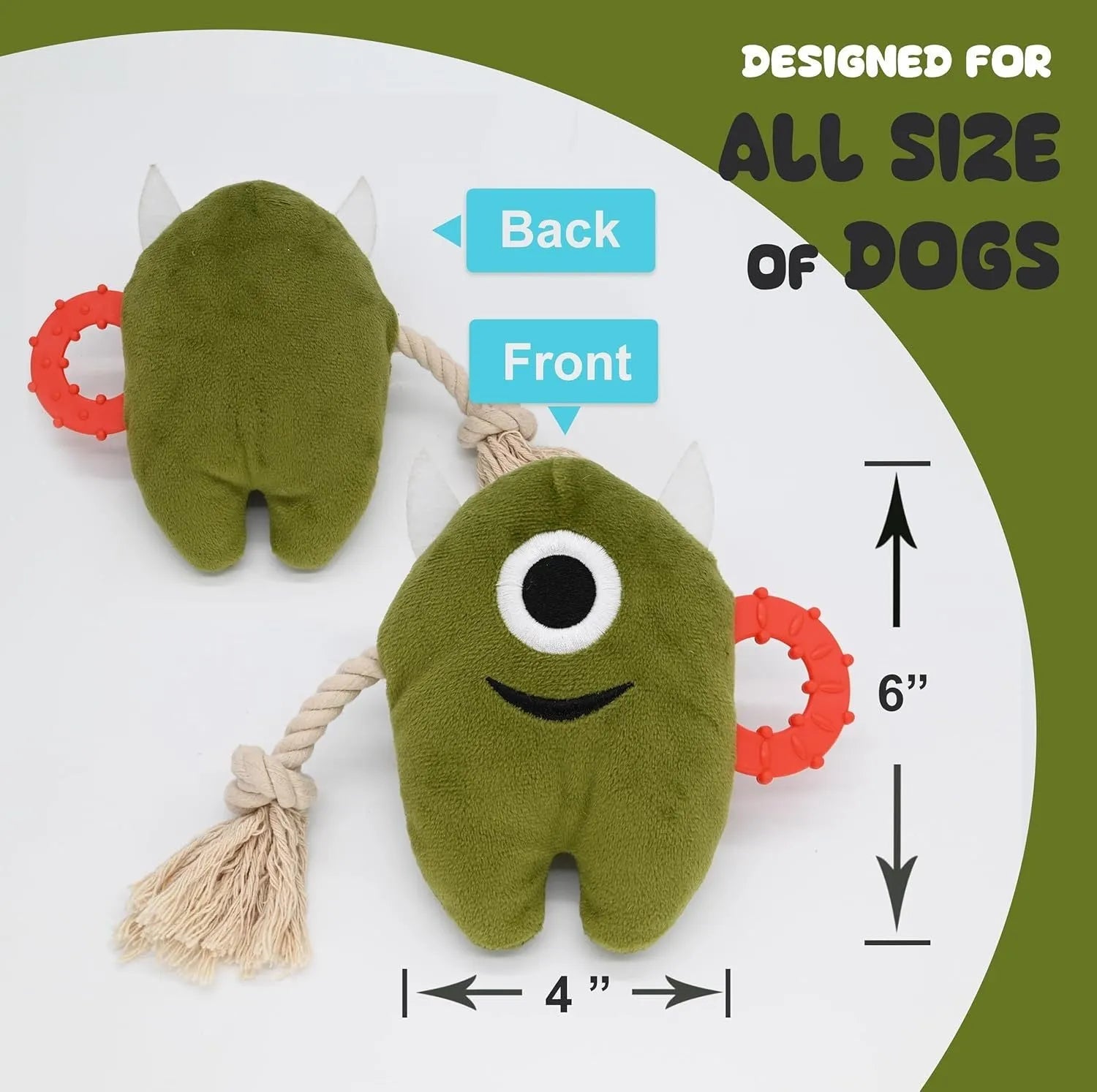 Blue and green plush dog chew toy with cotton rope tug handles and a squeaker inside.