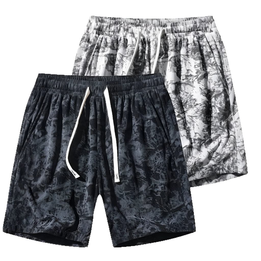 Men's grey camouflage print corduroy athletic shorts with a high waist and straight leg