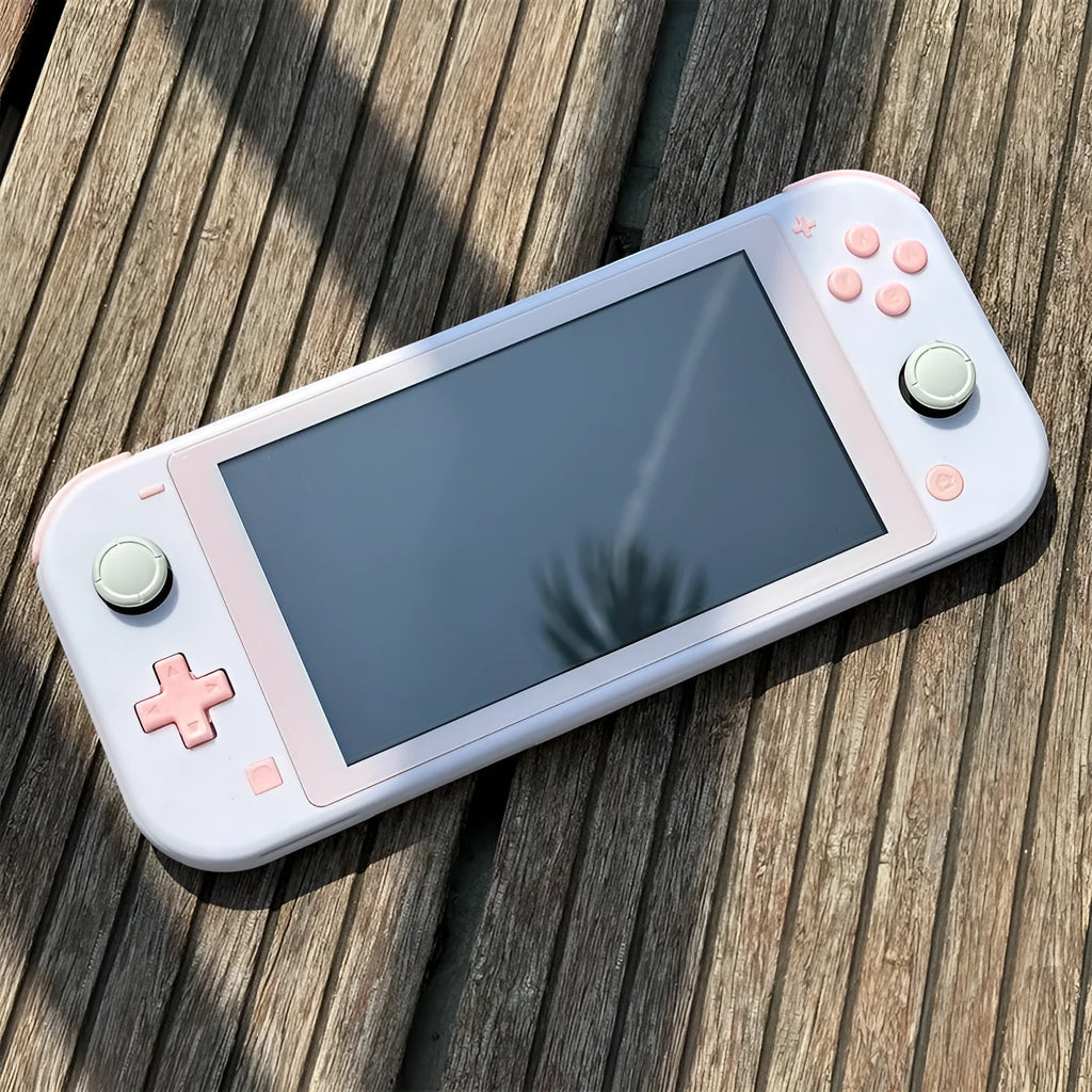 DIY transparent Switch Lite shell kit with ABS PC material, tempered film, and button set on a neutral background