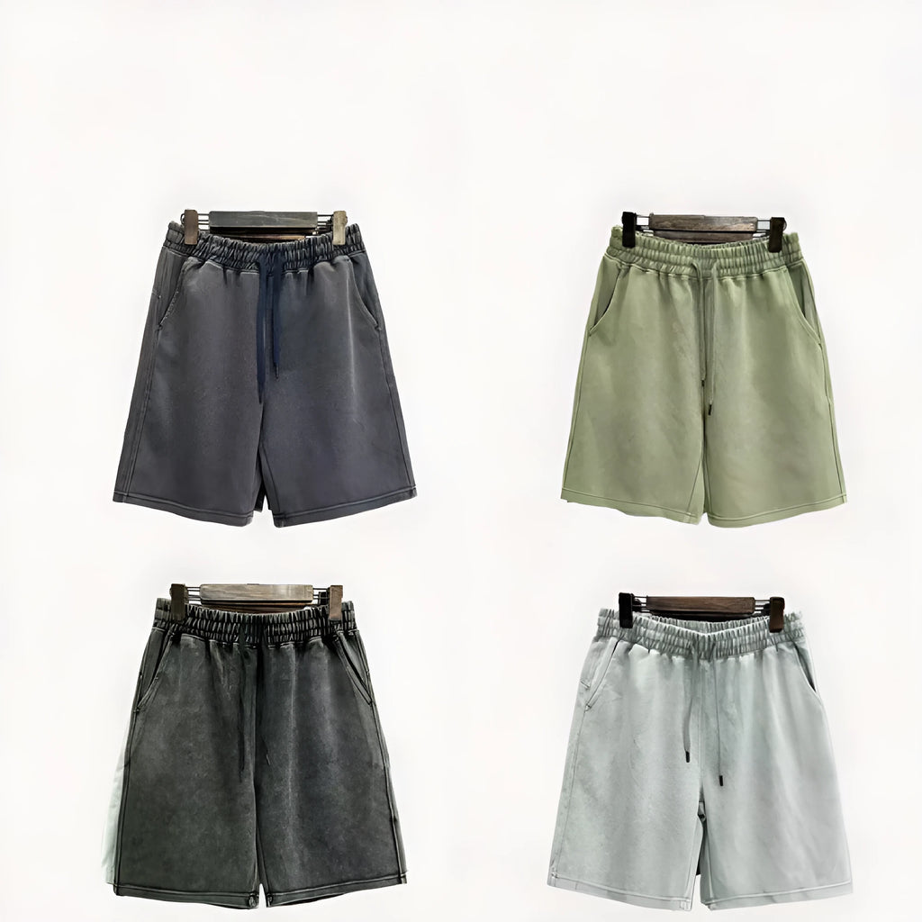 Men's navy blue cotton casual shorts with distressed detailing and a loose straight-leg fit