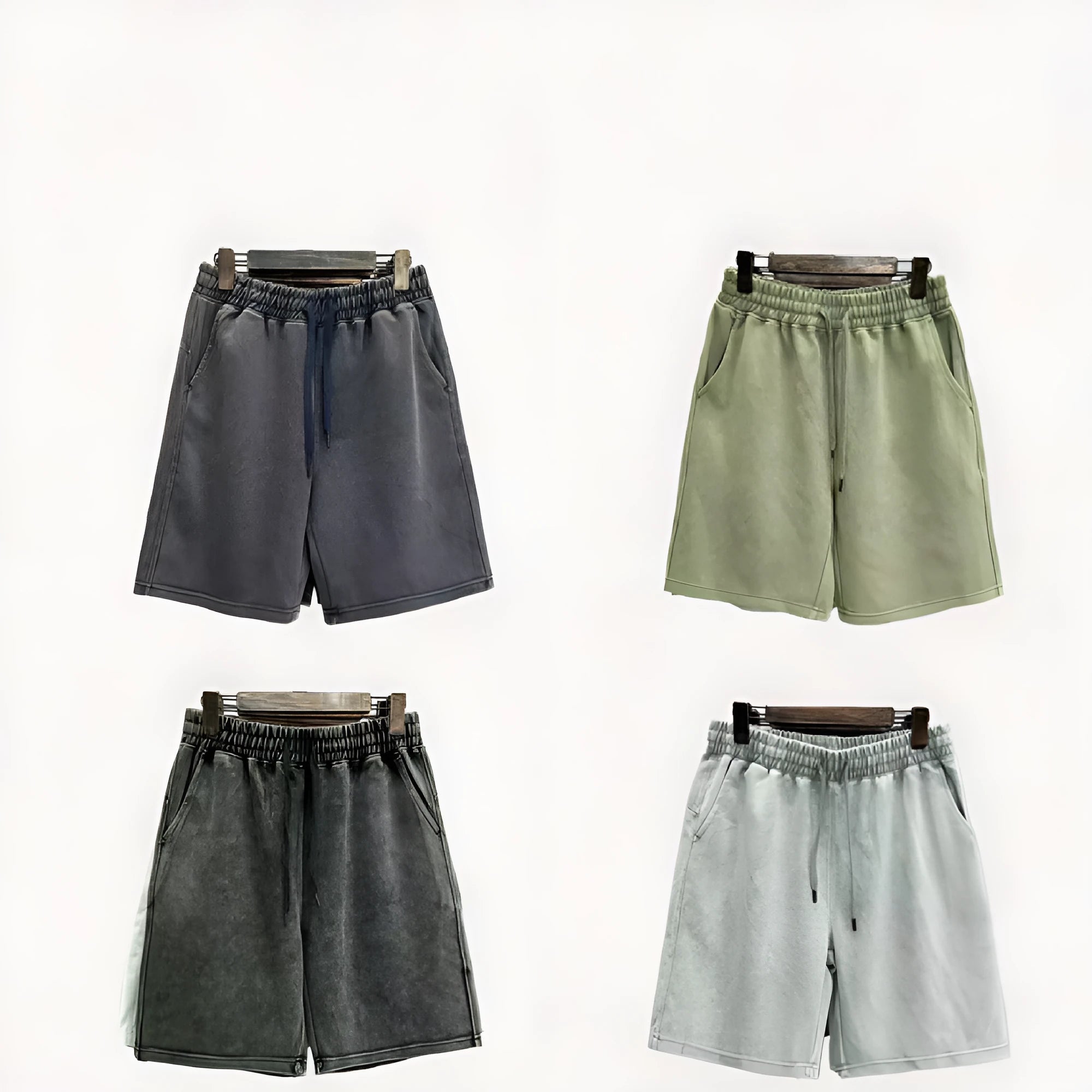 Men's navy blue cotton casual shorts with distressed detailing and a loose straight-leg fit