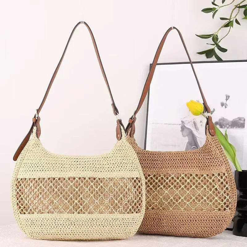 Women's khaki straw cross body bag with horizontal square shape and sandwich pocket.