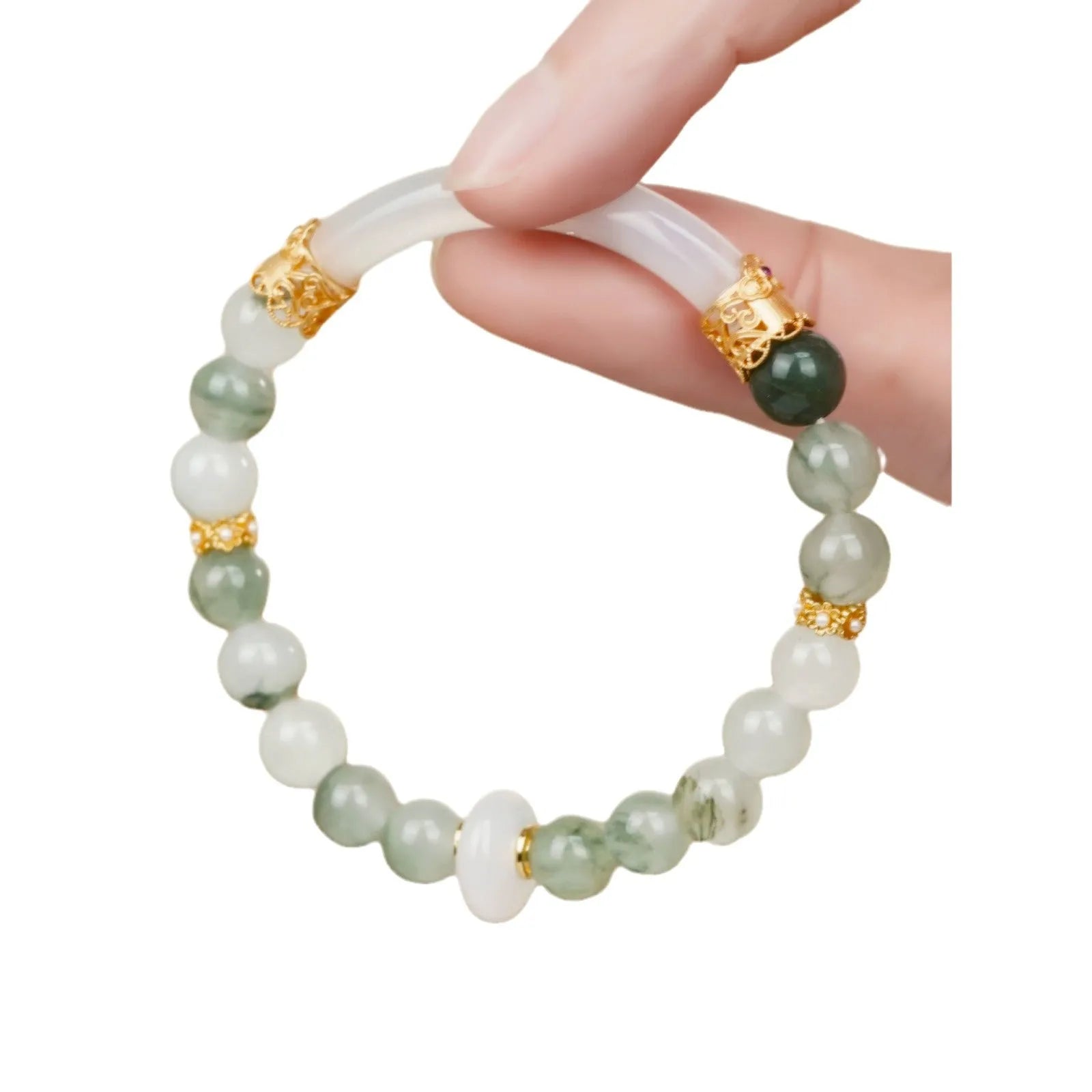 Emerald green Tian Shan Cui jade half bracelet with floating flower girl design for women