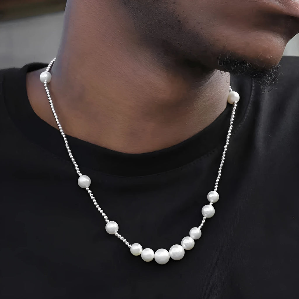 Unisex pearl necklace with bead on 51cm chain, silver spacer