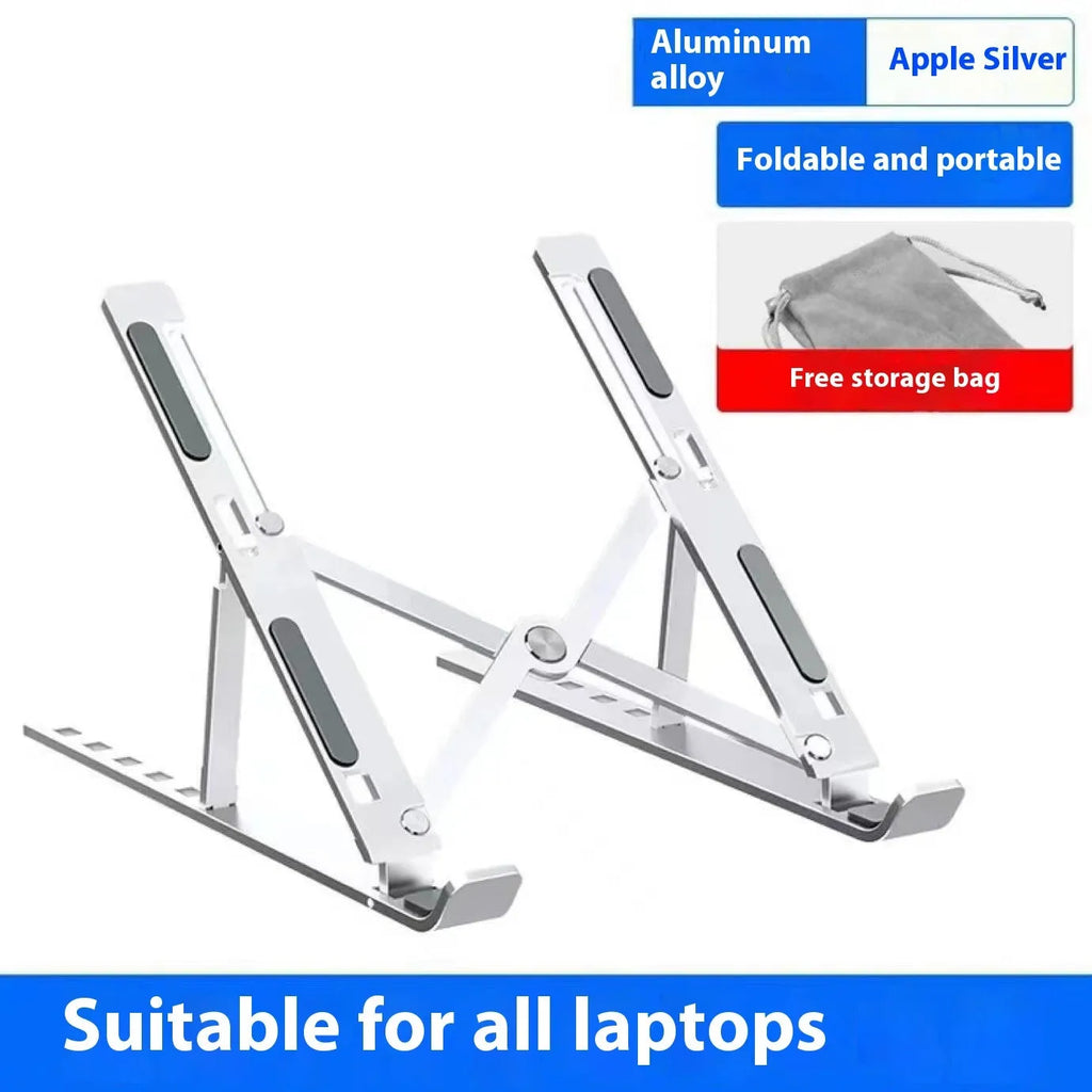 Silver aluminum alloy folding laptop cooling stand on a wooden table
