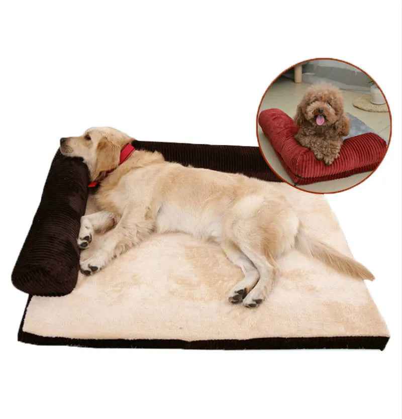 Corduroy dog sofa bed with bolsters in grey colour showing high-density sponge construction