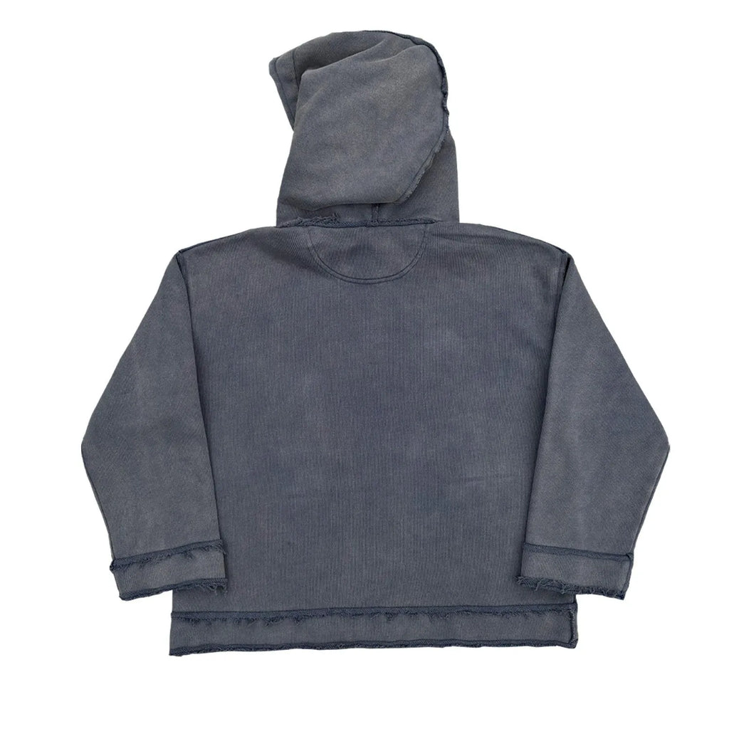 Dark blue hooded sweater with 'The Sun Also Rises' text printed on the back.