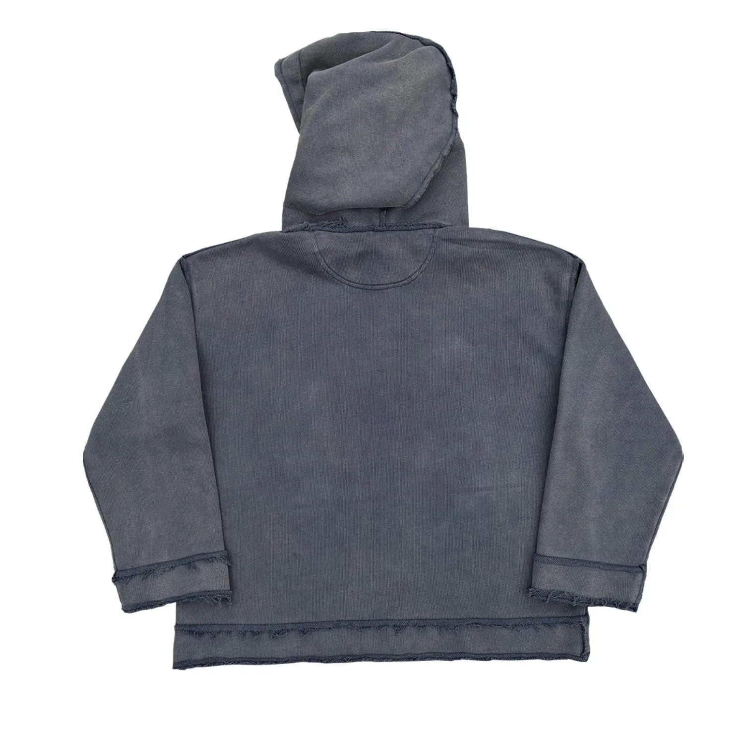 Dark blue hooded sweater with 'The Sun Also Rises' text printed on the back.
