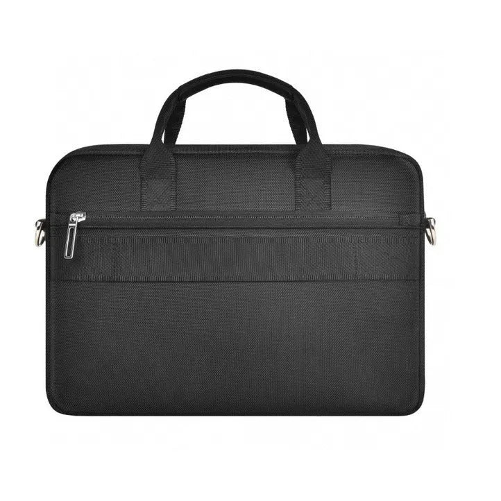 Black Oxford cloth laptop backpack showing multiple compartments and lock feature.