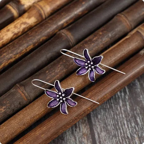 Purple flower-shaped earrings with electroplated finish and alloy construction