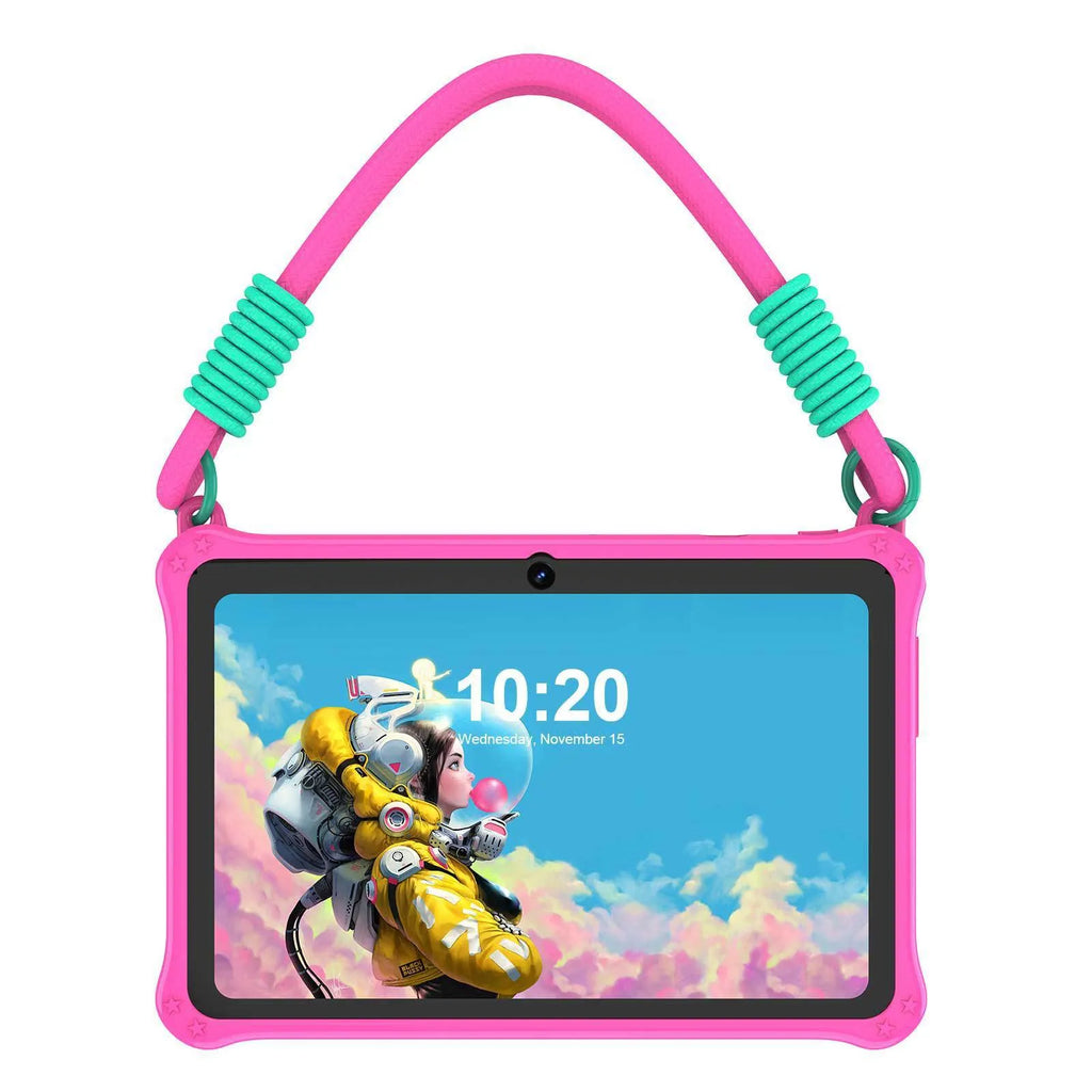 7-inch children's silicone tablet case with flat strap in sapphire blue or dark pink colour options