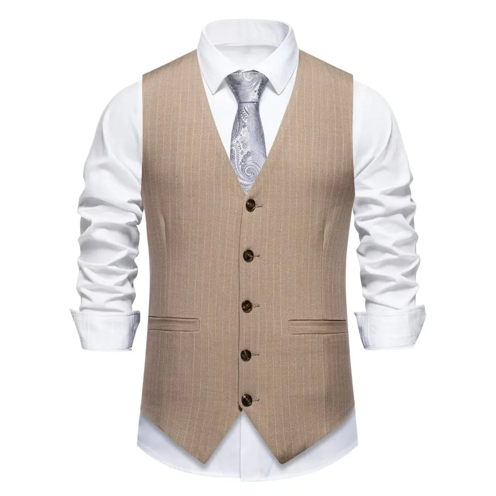 Men's striped formal suit vest in polyester with non-ironing finish on a hanger.
