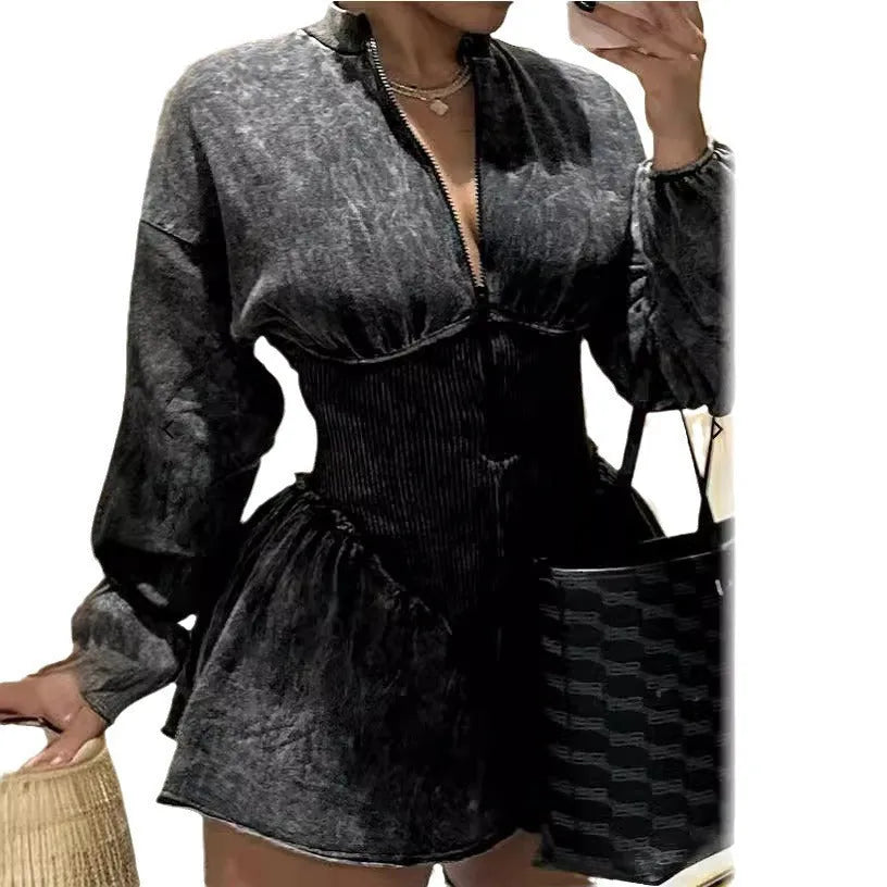 Grey slim-fit A-line dress with digital printing, drawstring waist, and long sleeves.