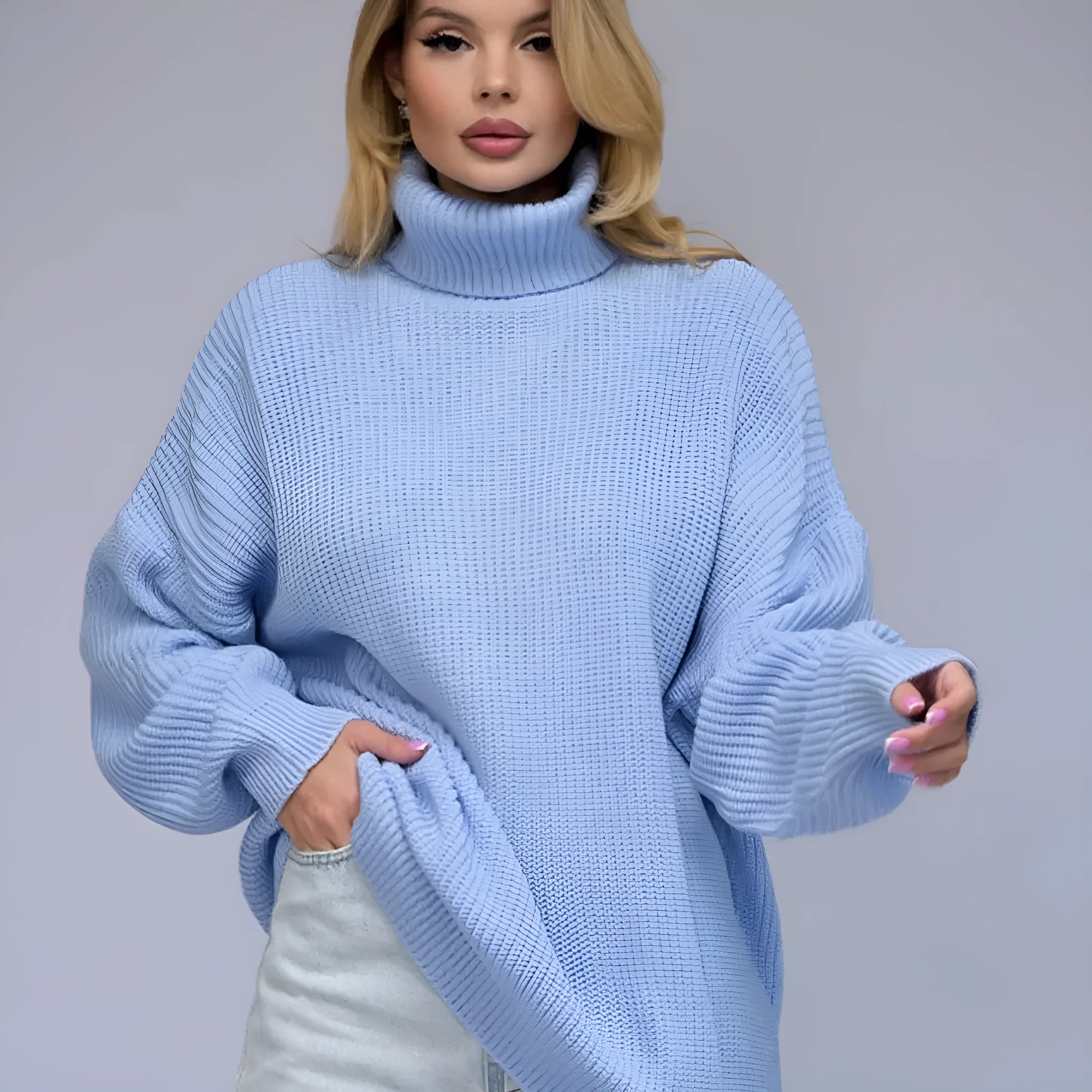 Women's thick imitation cashmere pullover sweater in solid colour with high neck and loose fit
