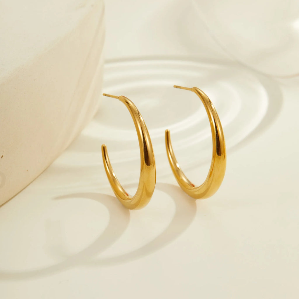 Titanium steel hoop earrings with geometric round design in gold and steel colour options