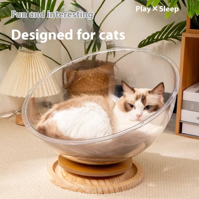 Transparent acrylic cat space capsule bed with turntable base on floor
