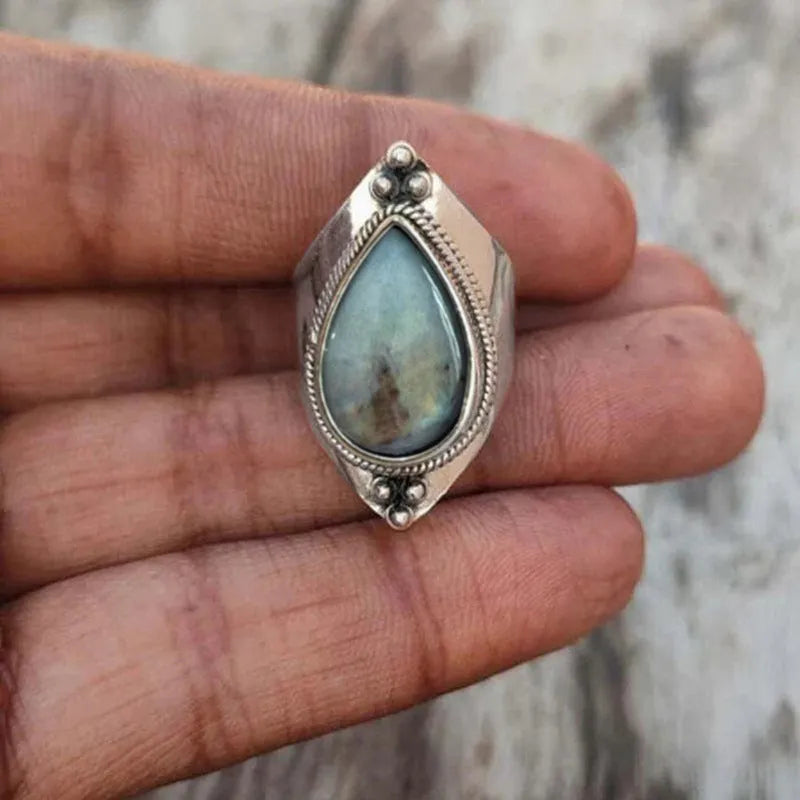 Women's copper ring with teardrop sticker in ancient silver, drop-shaped geometric design
