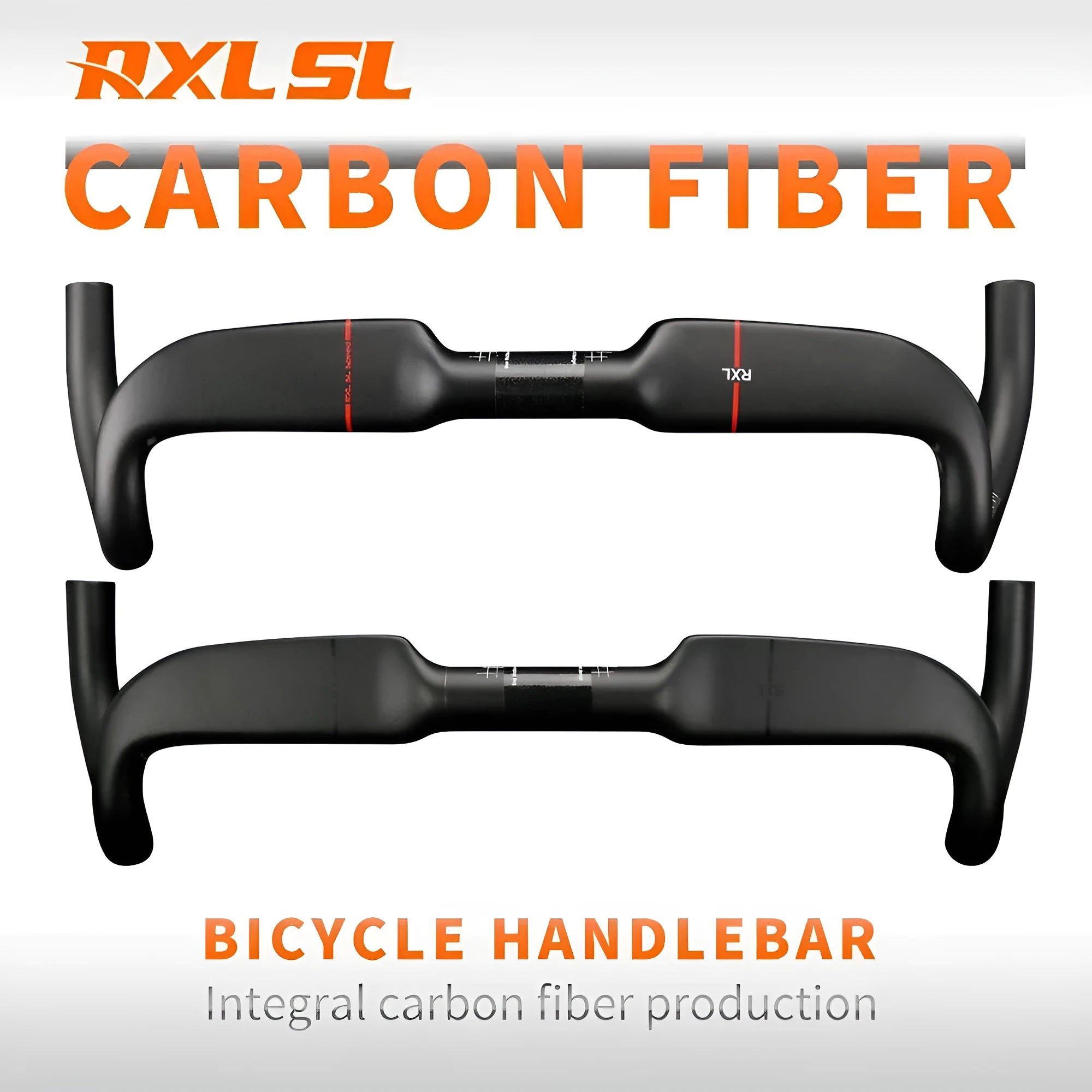 Carbon fibre road bicycle handlebar showing black double line finish and 420mm width measurement