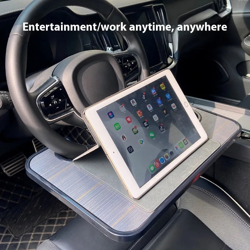Portable black ABS plastic car steering wheel laptop stand with foldable drink cup holder on vehicle steering wheel