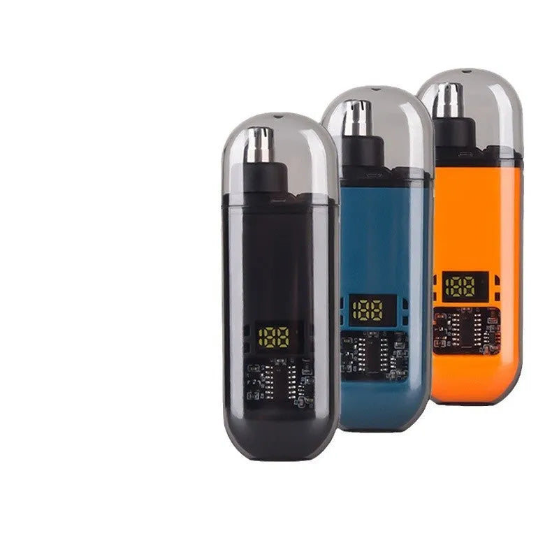 Rechargeable nose hair trimmer with removable stainless steel cutter head and digital display.