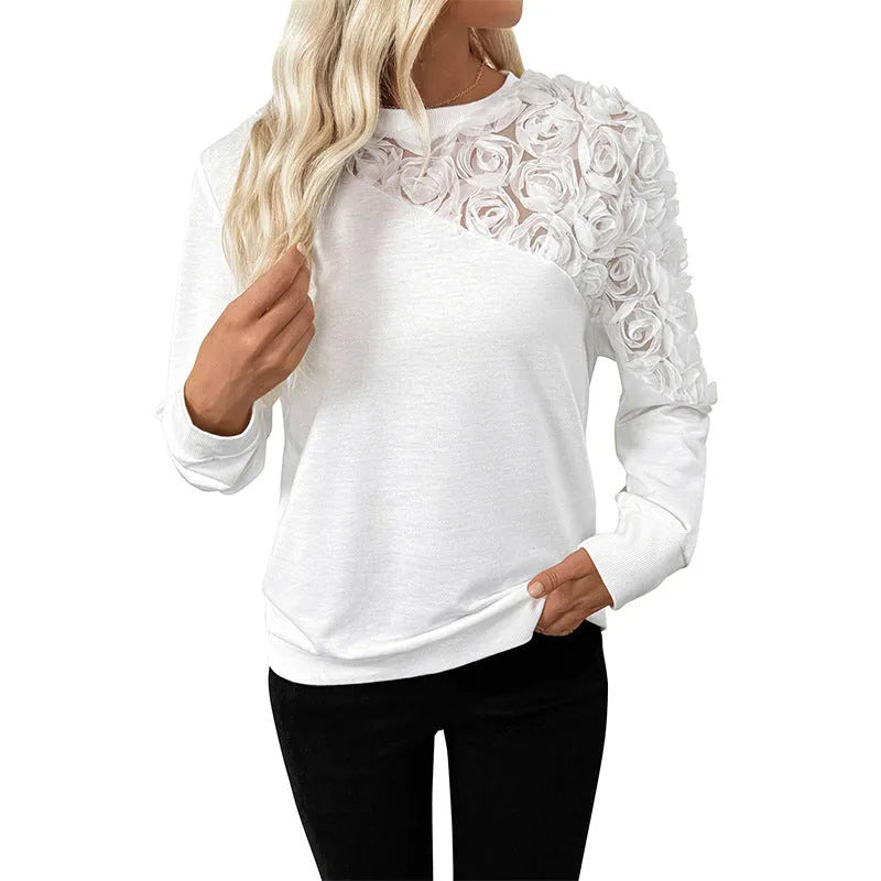 White long sleeve pullover top with floral pattern, loose fit, European and American sizing