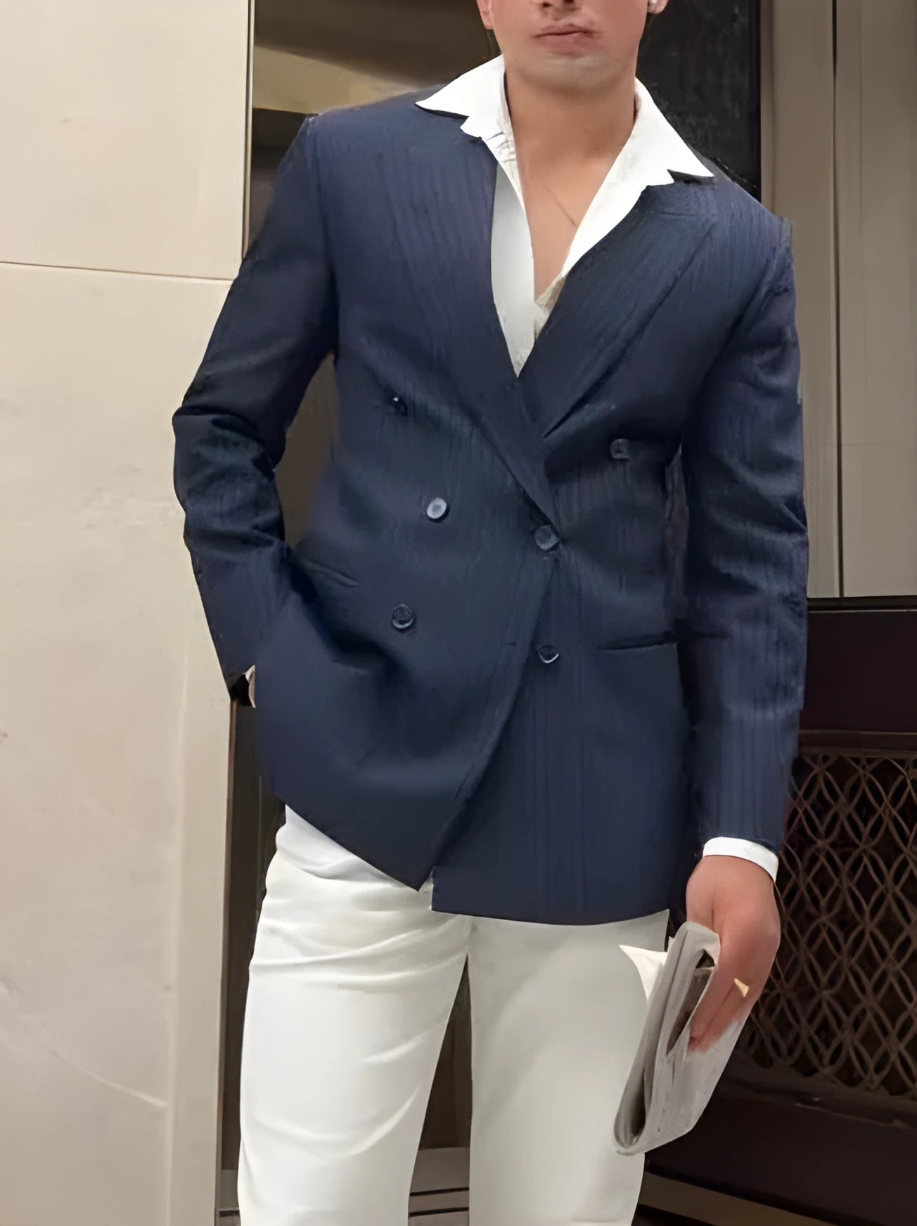 Men's classic striped double-breasted polyester blazer with regular fit styling