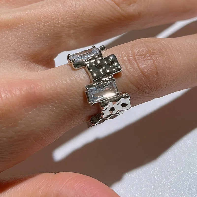 Silver open ring with cross zircon geometric design and three-dimensional decoration
