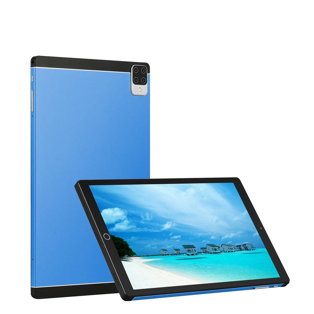 Android tablet PC with 11.6-inch screen showing interface, available in black, blue, green or orange colour options