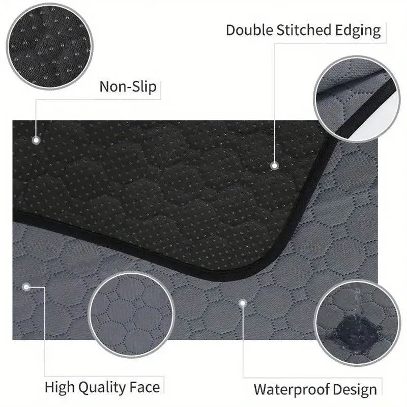 Washable dog pee pads in grey and tan colours showing multi-layer construction and triple-stitch binding