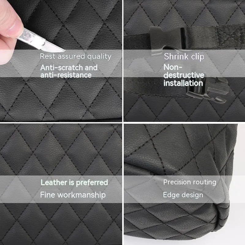 Hanging leather automotive storage bag organiser in 25x25cm dimensions